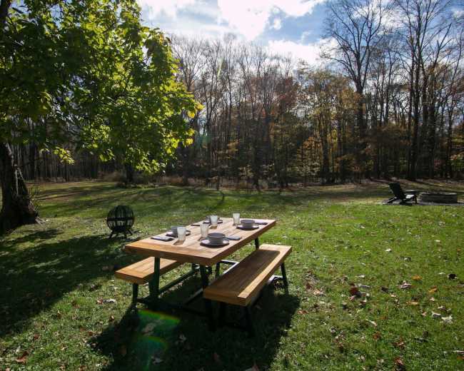 A wooden picnic table is set with dishes and utensils in a grassy clearing surrounded by trees with autumn foliage.