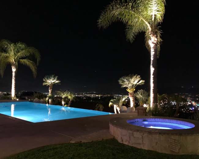 The scene features a well-lit swimming pool and spa area surrounded by palm trees, overlooking a city at night.