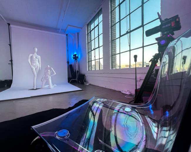 A clear chair sits in the foreground of a photography studio featuring a backdrop with two mannequins and equipment for a photoshoot.