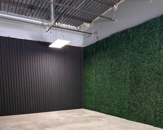 The image shows an empty interior space with one black wall and two green walls covered in artificial grass, featuring a concrete floor.