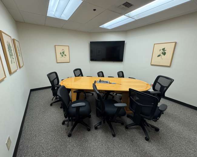 A conference room features a large oval wooden table surrounded by black office chairs, with framed botanical prints on the walls and a wall-mounted television.