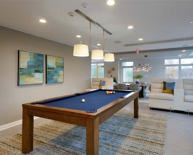 A lounge area featuring a pool table, two modern sofas, and large windows allowing natural light to fill the space.
