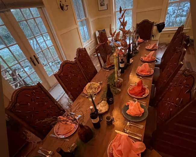 A long wooden dining table is elegantly set with plates, pink napkins, and candles, surrounded by intricately designed chairs in a well-lit room with large windows overlooking a garden.