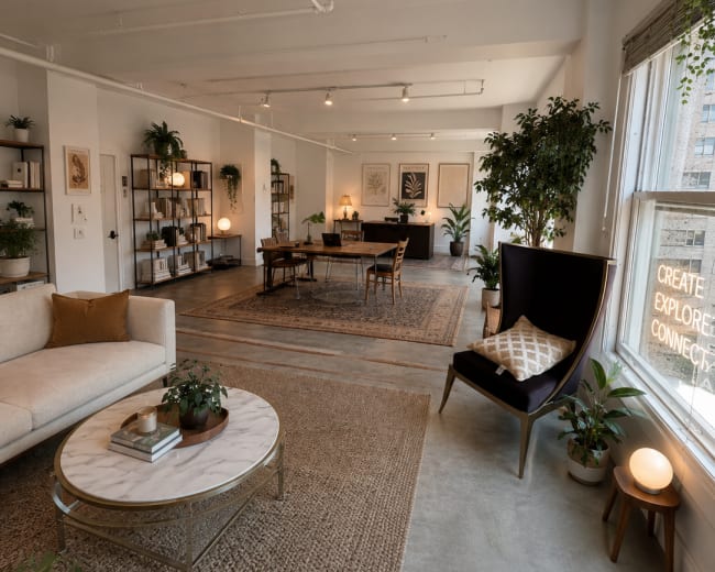 The image depicts a spacious, modern living area with a sofa, a coffee table, plants, and a dining area in the background, featuring bookshelves and a well-decorated aesthetic.