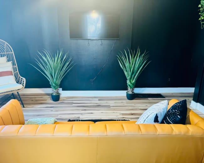 A yellow couch faces a dark wall with two potted plants on either side and a television mounted above.