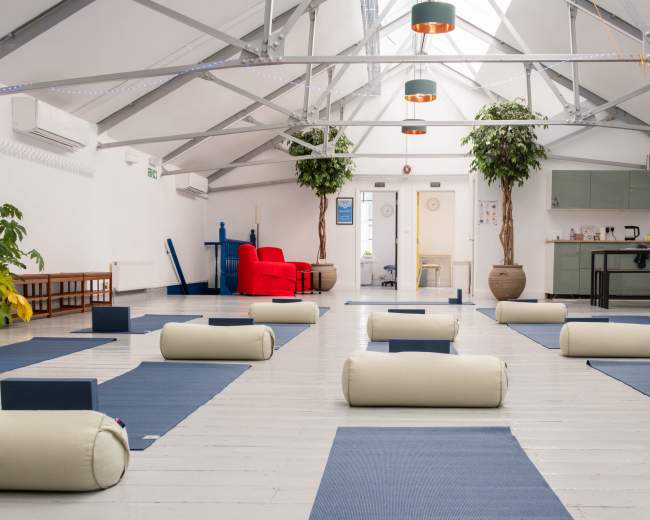 The image shows a spacious yoga studio with several yoga mats arranged on the floor, surrounded by two indoor plants and a kitchenette in the background.