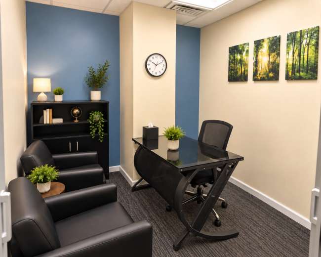 The image shows a small office space featuring a black desk, two black sofas, a wall clock, and nature-themed artwork.