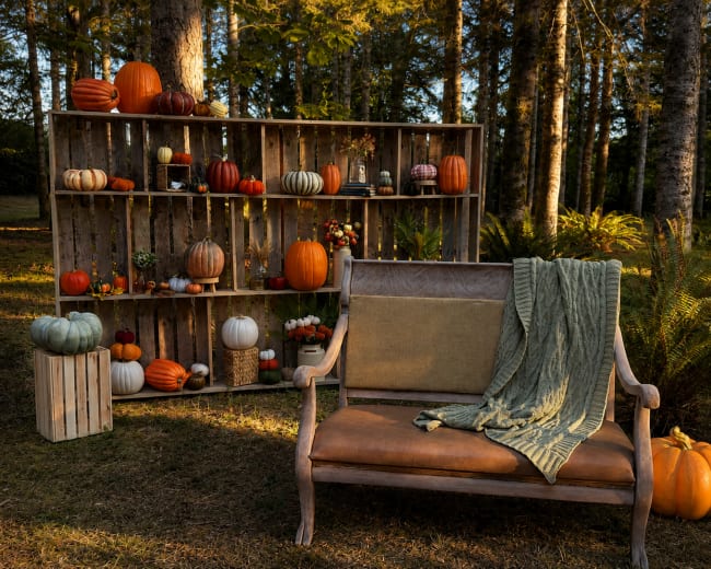 An outdoor scene features a rustic display shelf filled with various pumpkins and decorative items, alongside a wooden bench draped with a green blanket.
