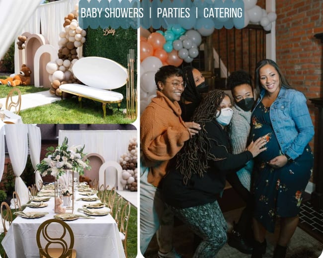A stylish event setup for a baby shower, featuring a decorated outdoor area with balloons, seating, and a dining arrangement, along with a group of smiling people posing together.