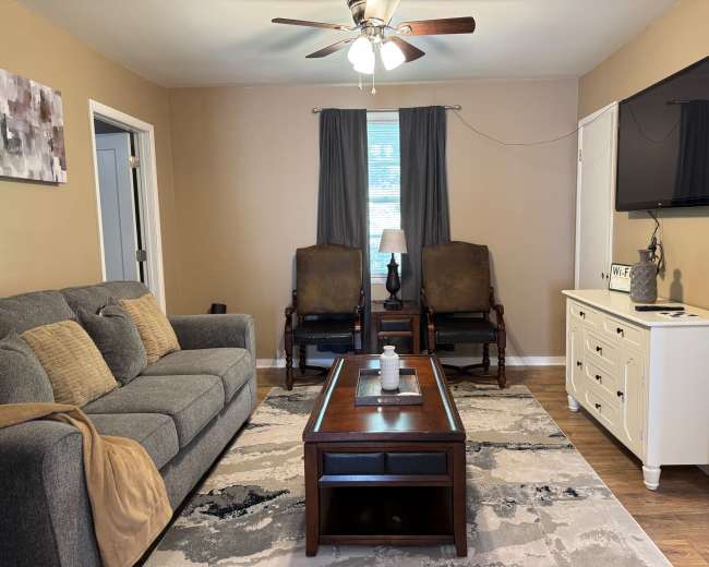 The living room features a gray sofa, two wooden armchairs, a coffee table, and a television mounted on the wall, with light curtains and a patterned rug on the floor.