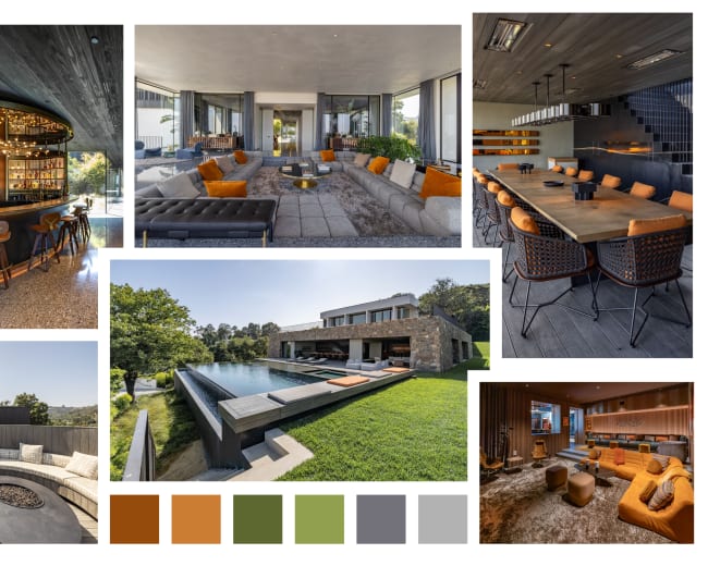 The image showcases a modern home interior and exterior, featuring a spacious living area with comfortable seating, a sleek bar, and an inviting outdoor pool surrounded by greenery.