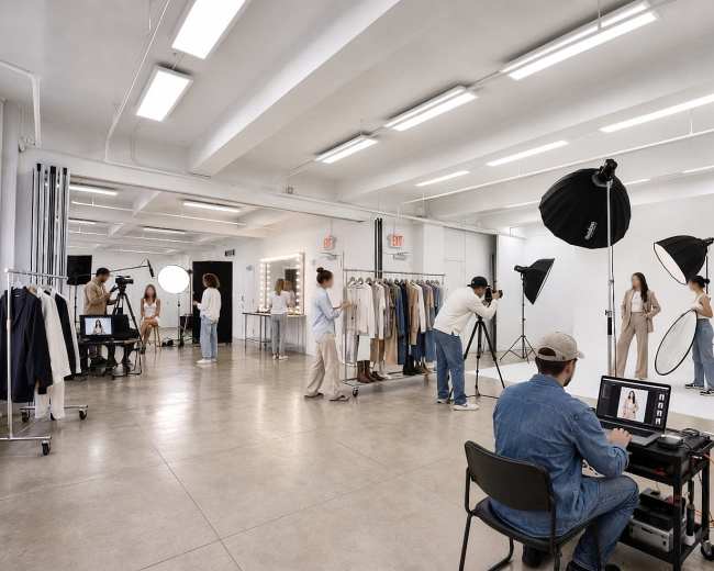 A fashion photoshoot is taking place in a spacious studio, featuring models, photographers, and equipment set up against a backdrop of clothing racks.