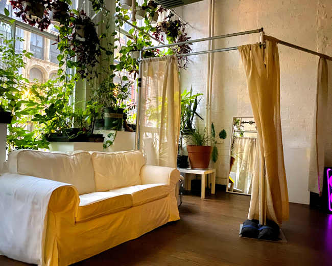 A bright interior space featuring a white sofa, potted plants, and a curtain divider.