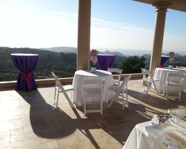 A spacious outdoor venue features white tablecloths with purple accents and a scenic view of hills under a clear sky.