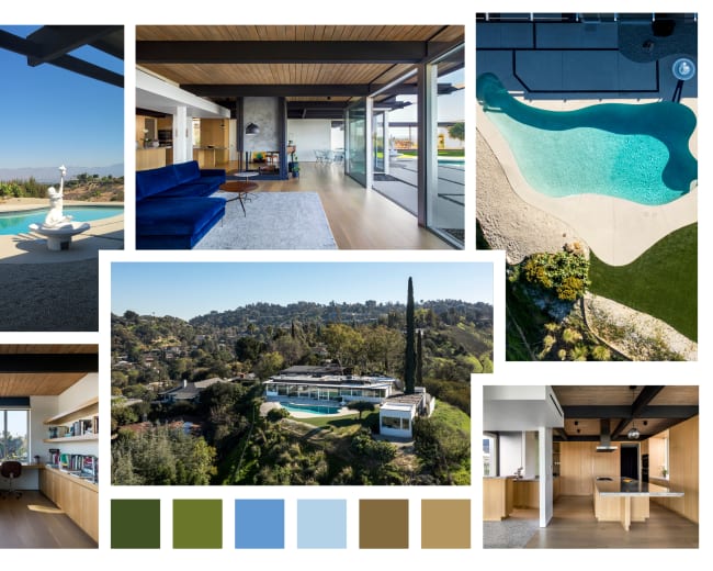 The image showcases a modern home with expansive views, featuring an outdoor pool, contemporary interiors, and lush landscaping.