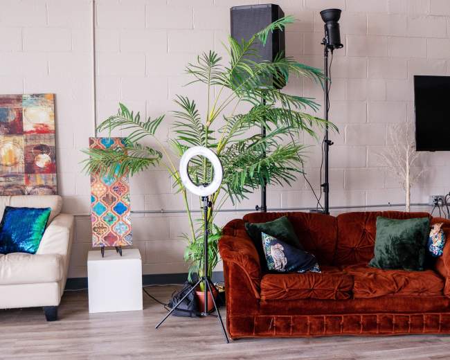 A cozy seating area with a rust-colored sofa surrounded by a potted plant, a ring light, a television on a stand, and decorative wall art.