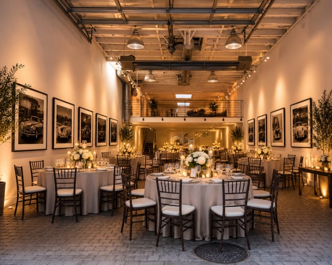 The image shows a elegantly decorated event space with round tables set for dining, surrounded by framed photographs and soft lighting.