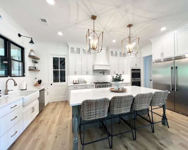 A modern kitchen featuring white cabinets, a large island with seating, stainless steel appliances, and pendant lighting.