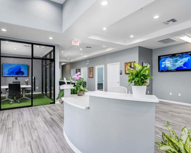 A modern office reception area with a front desk, plant decorations, and a glass-walled meeting room in the background.