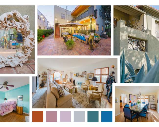 The image displays a collage of various scenes, including a decorative mirror, a modern outdoor patio, living spaces with furniture, a bedroom, and architectural details from a building's exterior.