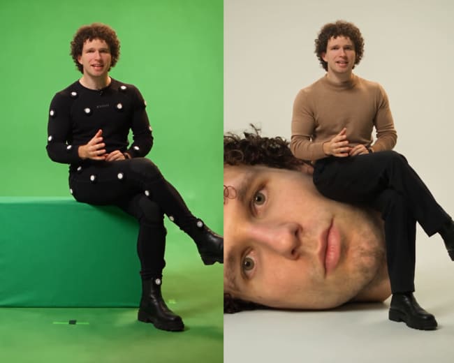 The image shows a man sitting on a green platform, wearing motion capture clothing on the left, and a surreal depiction of the same man with an oversized head sitting on his own leg on the right.