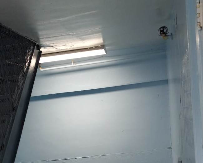 A set of concrete stairs leads downward in a hallway painted light blue, with a metal railing and overhead fluorescent lighting.