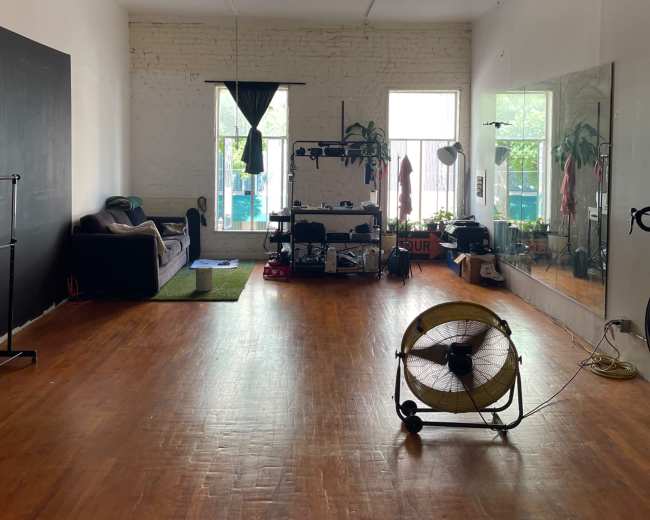The image shows a spacious, well-lit room featuring a couch, a fan, and a large mirror, with plants and sunlight coming through the windows.