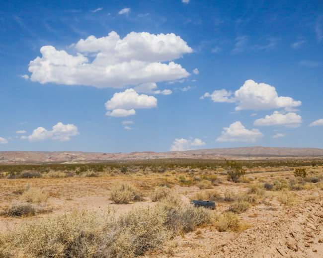 A dry desert landscape features sparse vegetation under a blue sky dotted with fluffy white clouds.