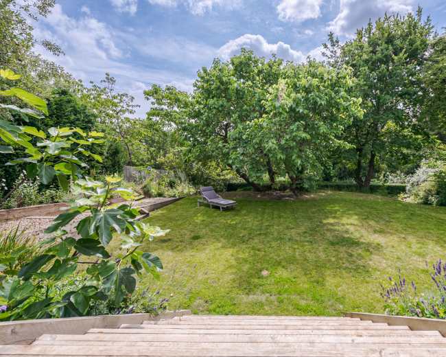 A grassy yard features two large trees and a lounger, surrounded by greenery and flowers.