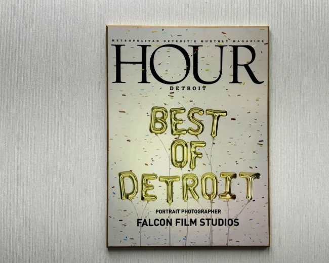 A magazine cover titled "HOUR DETROIT," featuring the text "BEST OF DETROIT" along with the subtitle "PORTRAIT PHOTOGRAPHER FALCON FILM STUDIOS."