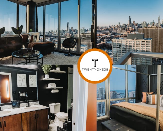 The image showcases a modern apartment with large windows offering views of a city skyline, featuring a stylish living area, a sleek bathroom, and a well-decorated bedroom.