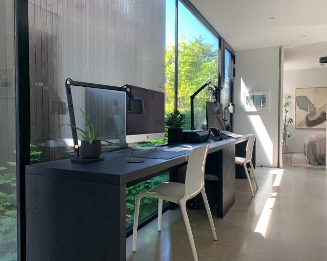 The image shows a modern home office featuring two desks with computers, a potted plant, and large windows allowing natural light to enter.