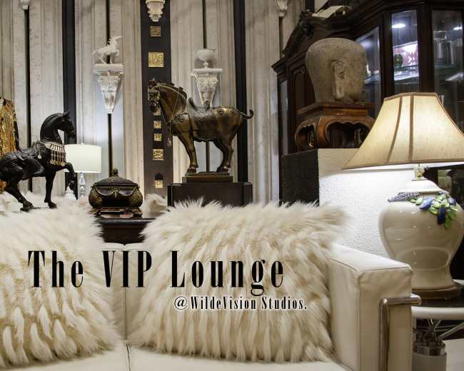 The image depicts a luxurious lounge area featuring ornate decor, including statues, decorative items, and a pair of fluffy pillows on a white sofa.