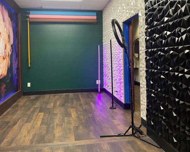 The image shows a studio space with a dark green wall adorned with a floral mural, a textured white wall, and various light stands, including a ring light and colored LED lights.