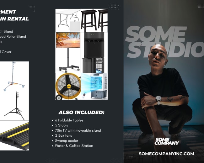 The image showcases a rental equipment flyer featuring a list of items included, such as C-stands, sandbags, a fan, and various furniture, alongside a stylish photo of a person in a studio setting.