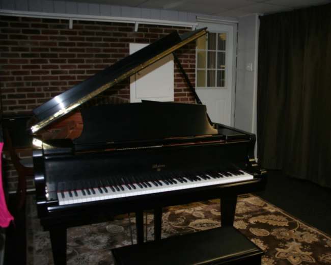 A black grand piano is positioned in a room with a brick wall, a patterned rug beneath it, and a dark curtain in the background.