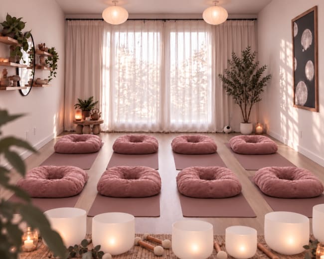 The image shows a serene meditation room arranged with pink cushions and lanterns, accented by soft lighting and a few plants, creating a calming environment.