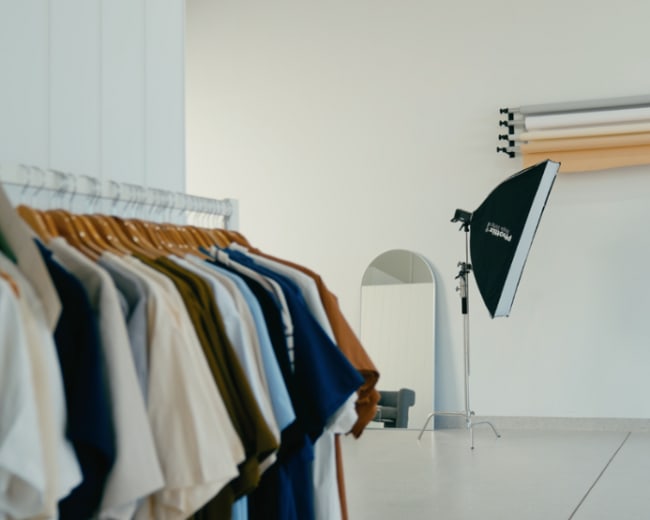 A clothing rack displays various colored shirts next to a photography setup featuring a backdrop and studio lights in a minimalist room.