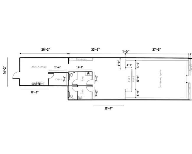 The image shows a floor plan layout of a building with designated rooms labeled for various uses, including office/storage and a living area.