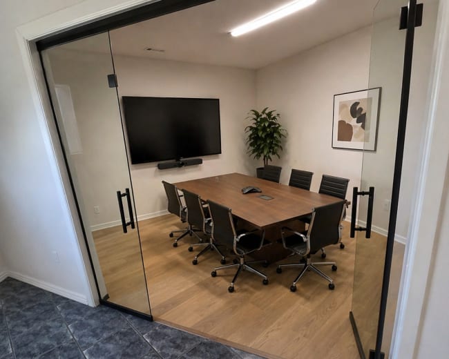 A modern conference room is visible through glass doors, featuring a large table surrounded by black chairs and equipped with a wall-mounted screen.