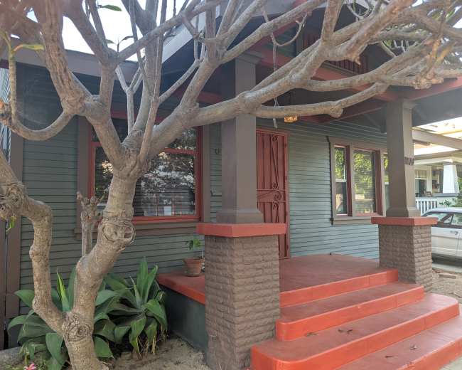 The image shows a green house with a porch, flanked by a bare tree and plants at its base.