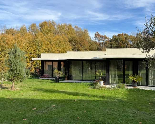 A modern single-story house with large glass windows is surrounded by greenery and autumn-colored trees.