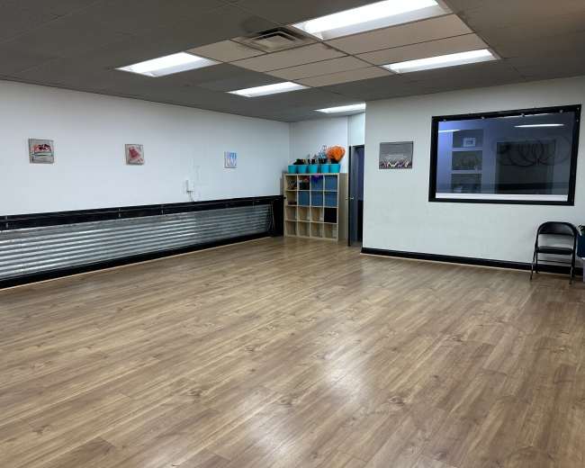 The image shows an empty room with wooden flooring, a black and silver wall, and a cubby storage unit against one wall.