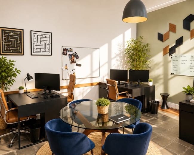 The image shows a modern office space with two desks equipped with computers, a round glass table surrounded by blue chairs, and plants enhancing the decor.
