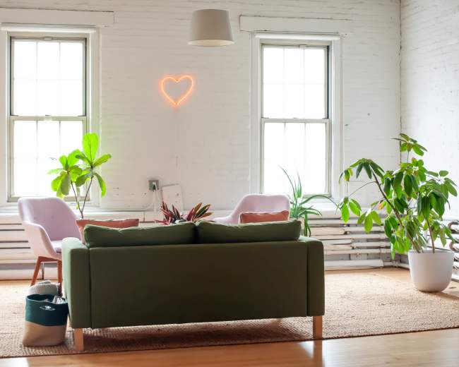 A green sofa faces two windows, with plants and two chairs arranged around a light-colored rug in a bright, minimalist living space.