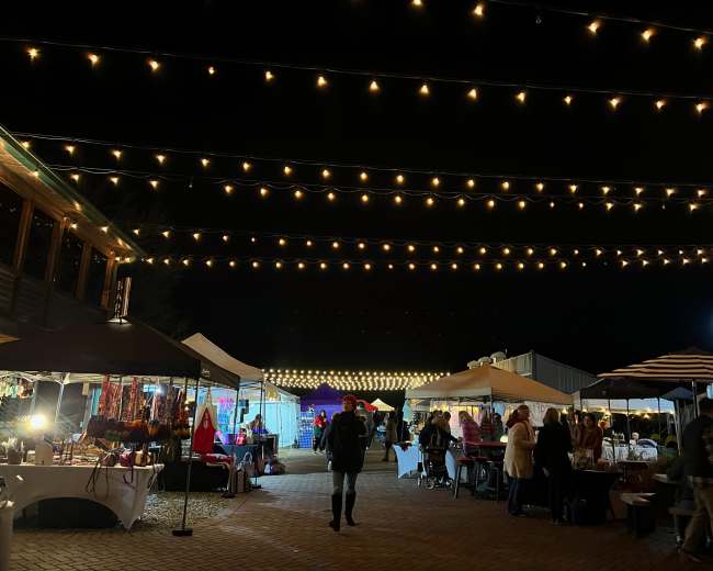A night market scene features stalls with various goods, connected by overhead string lights, as people shop and socialize.