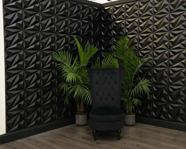 The image shows a corner of a room with a textured black wall, a black upholstered chair, and two green potted plants.