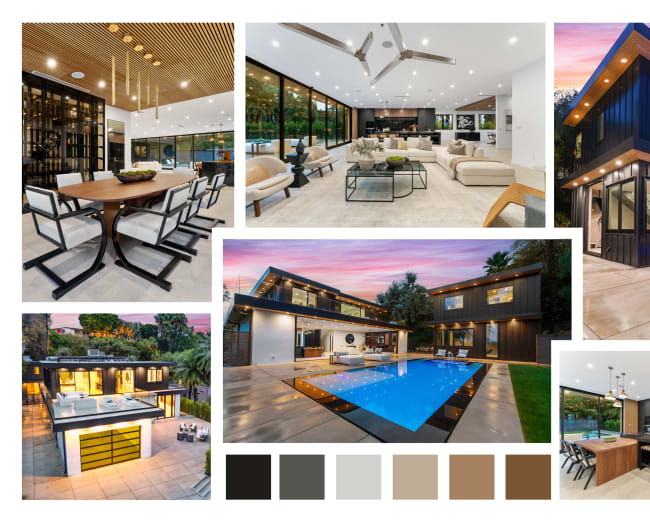 The image showcases a modern house featuring an open-concept living area, a sleek kitchen, a spacious outdoor pool, and various sections with contemporary design elements.