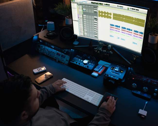A person is sitting at a desk with a large computer monitor displaying animated artwork, surrounded by audio equipment and a cozy room setup.