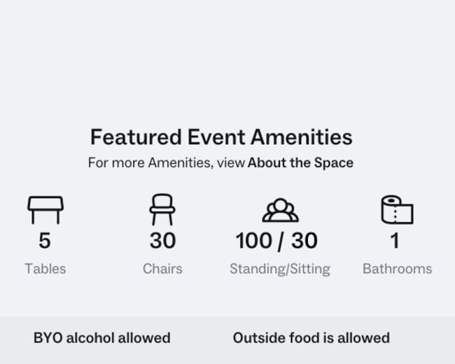 Details about featured event amenities, including five tables, thirty chairs, a capacity for one hundred standing or thirty sitting guests, and one bathroom.
